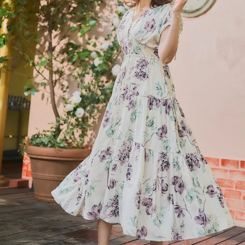 

N GIRLS Japanese Fashion Sweet Femme Robe 2022 Summer New Women Vestidos V-neck Floral Print Drawstring Sleeve Slim Waist Dress