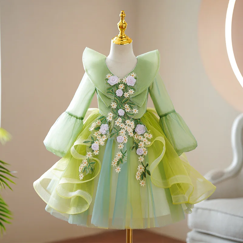 

Flower Puffy Green Dress for Girls Children Pageant Dresses Kids First Communion Vestidos Teenagers Weddings Bridesmaid Robe