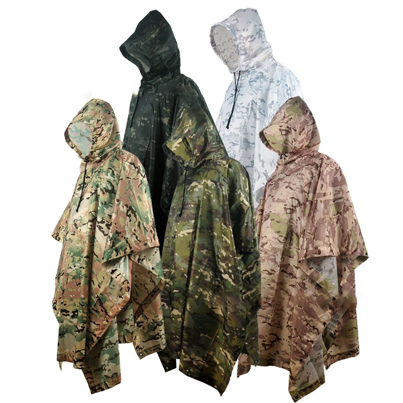 

Outdoor Raincoat Camouflage Light Camping Mat Canopy Four Holes Invisible Pu Coating Poncho Rain Cover For Hiking Tourism