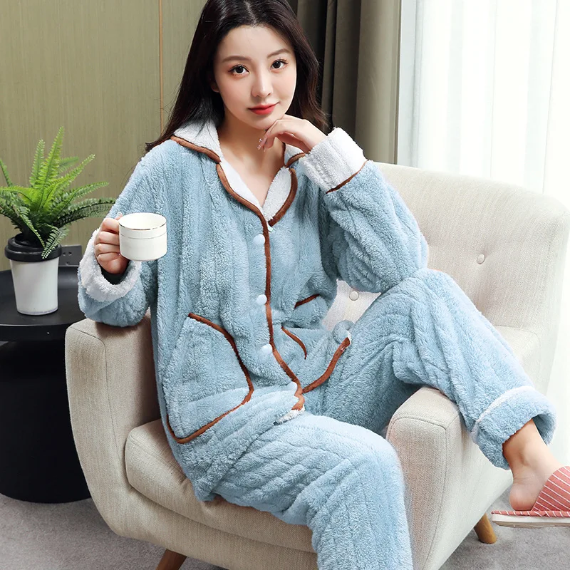 Women's Winter Warm Thin Two-Pieces Pajama Suit Polyester Comfortable Lapel Breasted Button Type Leisure Wear With No Hat