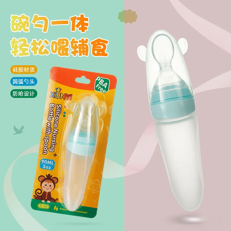 Cartoon Liquid Extrusion Silicone Rice Paste Bottle Baby Feeding Soft Head Supplementary Food Spoon 90ML Rice Paste Bottle