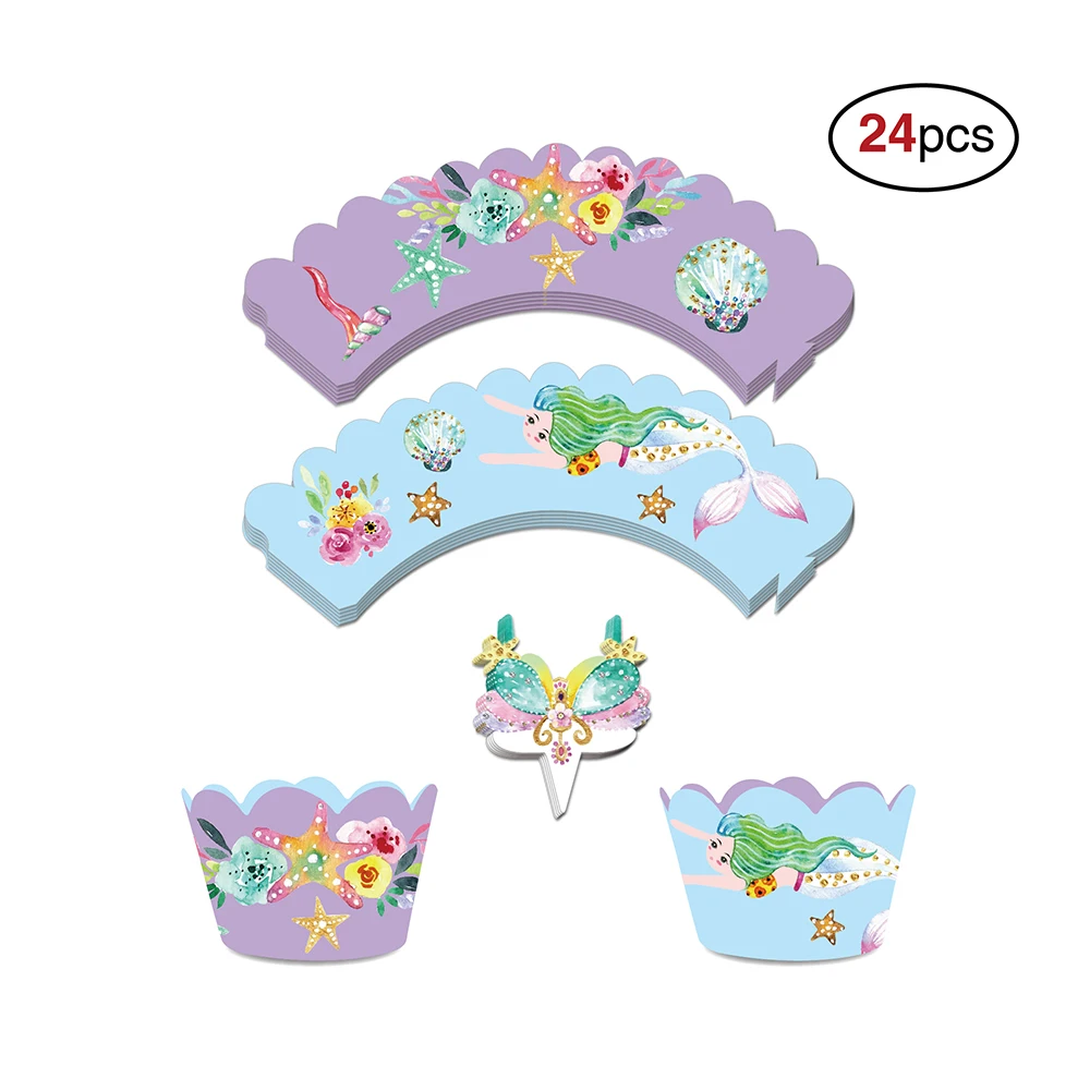 

24Sets Cartoon Mermaid Cupcake Edge Wrappers DIY Cake Toppers Baby Shower Girls Birthday Party Cupcake Paper Cups Decor Supplies