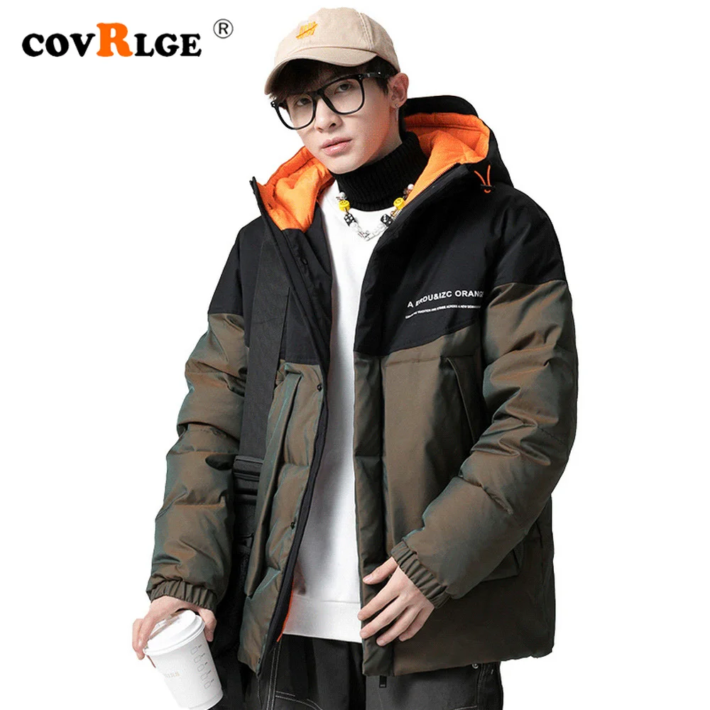 Covrlge Men Duck Down Jacket Solid Color Trend Brand Winter Hooded Thick Warm Loose Shiny Warm Coat Couples Streetwear MWY046