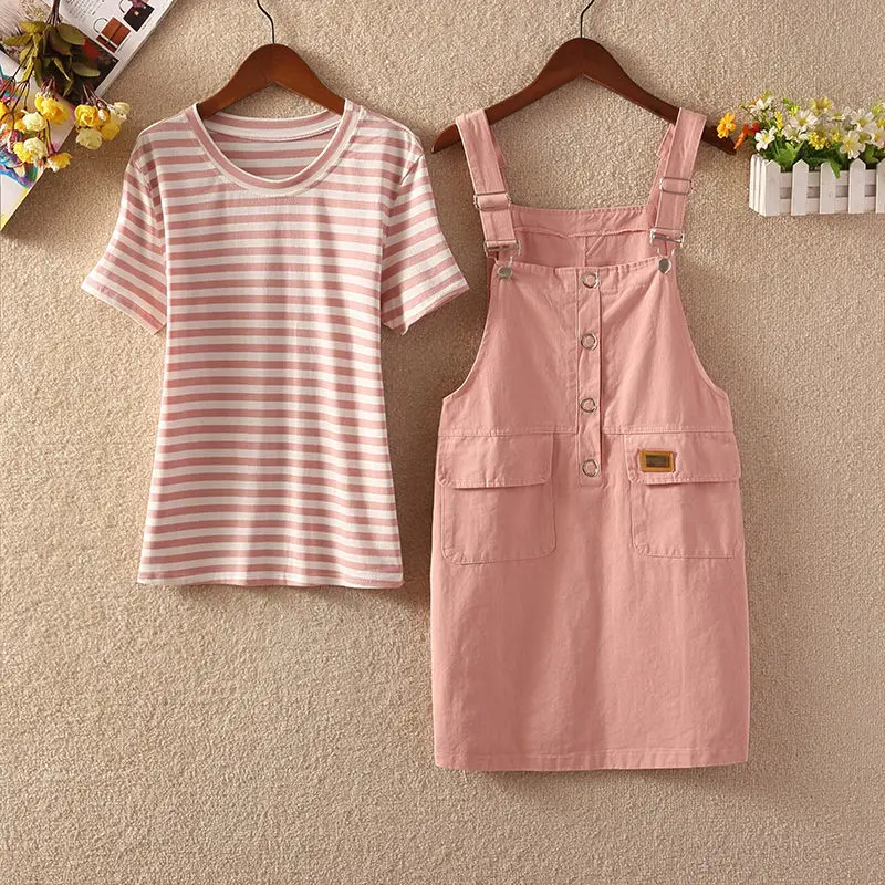 

Women Denim Strap Dress Suit Female Two Piece Set Fashion Trend Sets Short Sleeve Stripe Shirt Office Ladies Denim Skirt Set A91