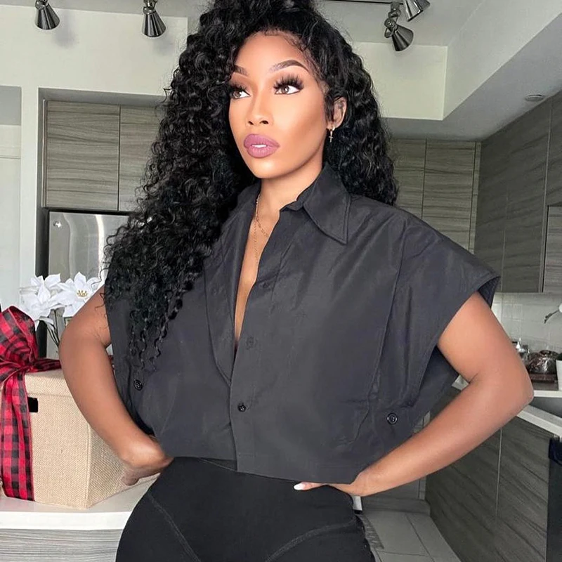 

Women's Summer Short Fashionable Shirt Solid Color Sleeveless Turn Down Collar Button Crop Tops