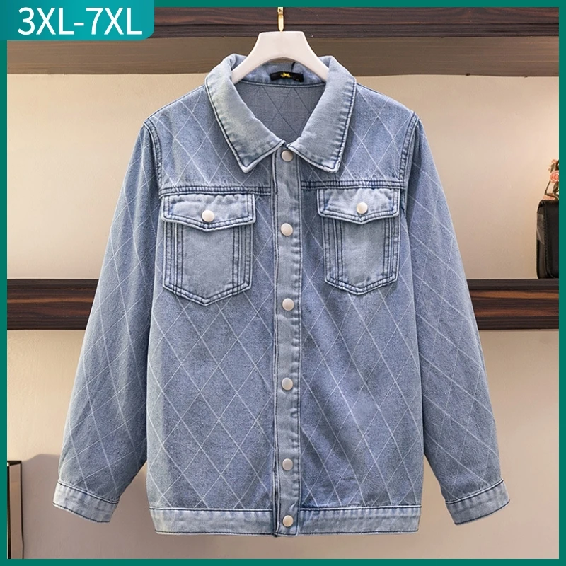 

New Spring Autumn Plus Size Jeanswear Jacket For Women Large Size Loose Long Sleeve Blue Cotton Denim Coat 3XL 4XL 5XL 6XL 7XL