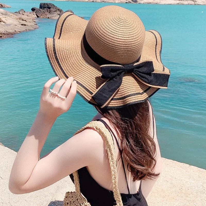 

Шляпа женская Соломенная с бантом, Пляжная Панама цвета хаки, с широкими полями, белого цвета, летняя
