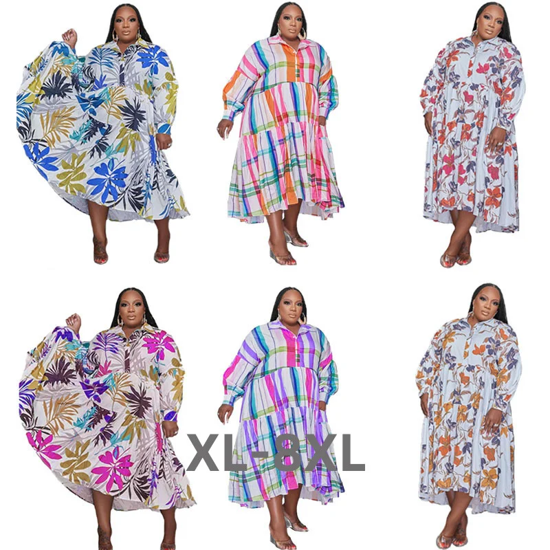 Plus Size Oversize Fashion Printing Women Long-sleeved Shirt Dress Elegant Clothing Turn Down Neck Buttons Ho 3xl 4xl 5xl 6xl