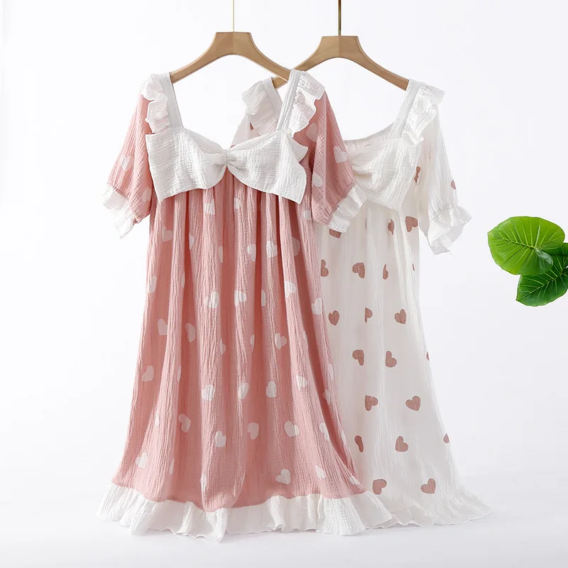 

Cotton Small Heart Printing Nightgown Women's 2-Color Love Sleeping Dress for Summer Home Loose Long Comfortable Night Gown