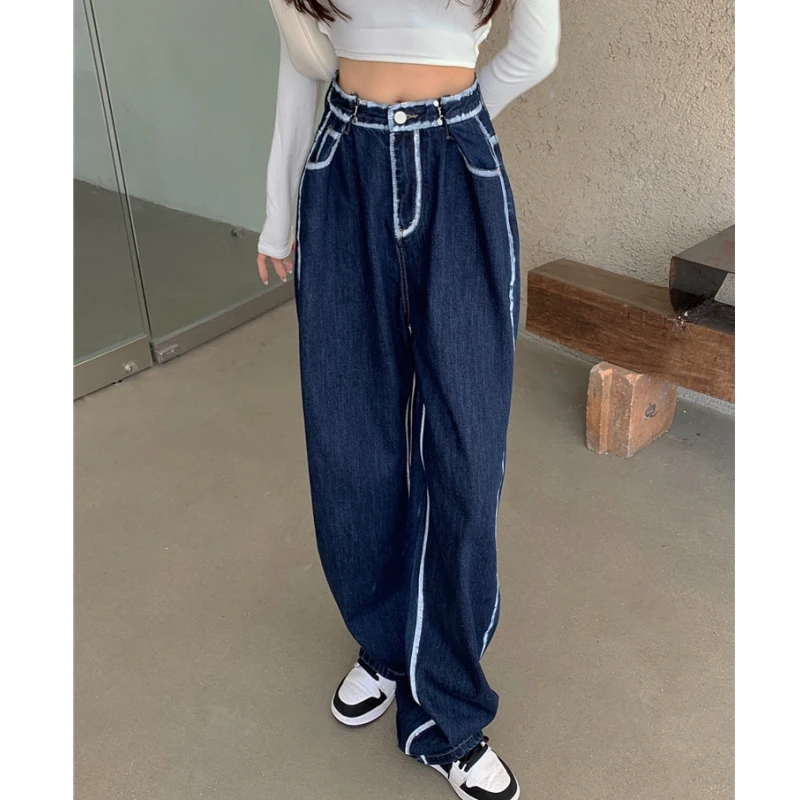 

Blue High Waisted Women Straight Jeans Streetwear Fashion Contrasting Colors Vintage Wide Leg Summer 2023 Female Denim Trouser