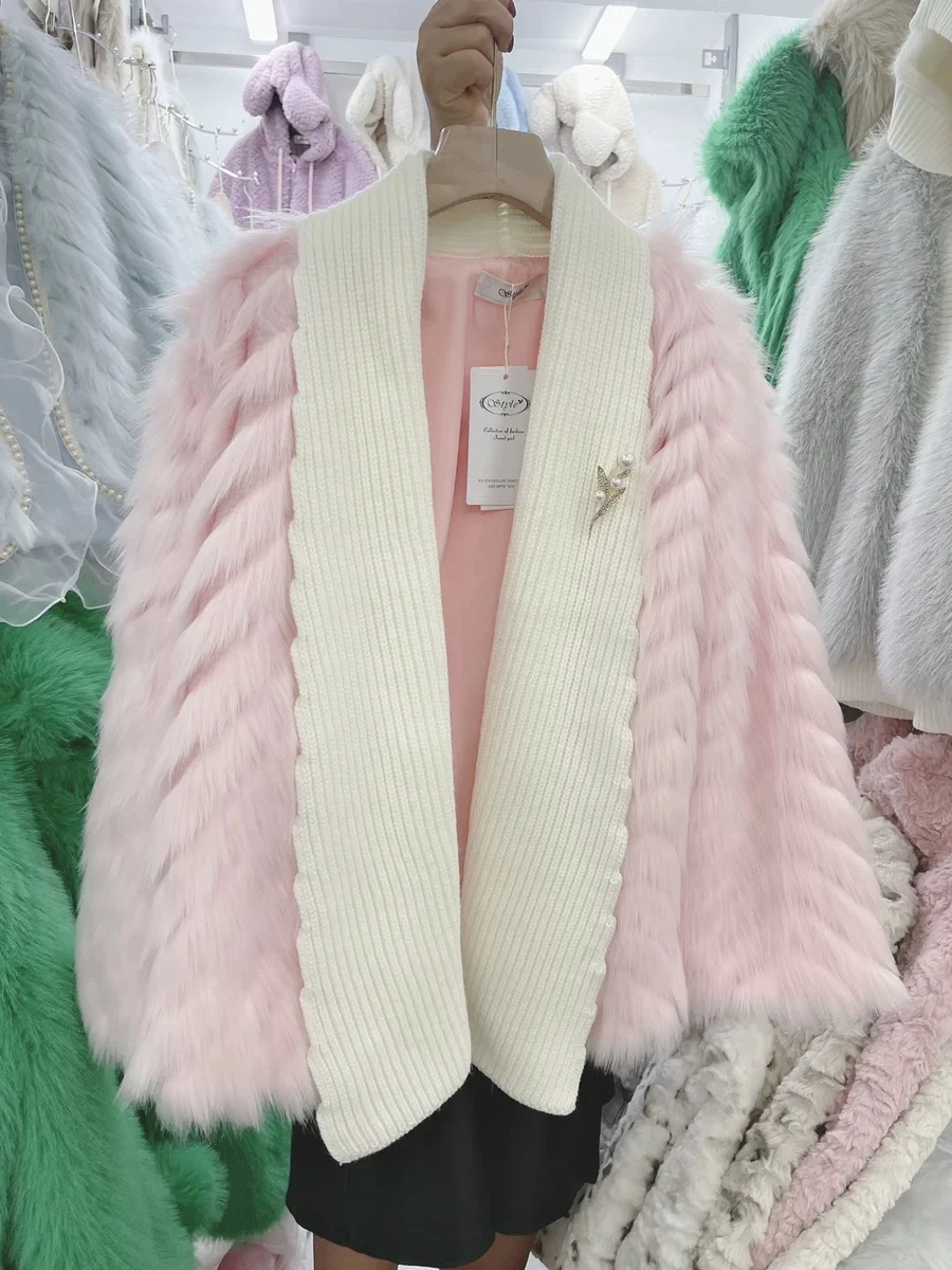 2022 New Winter Fashion Knitted Fox Fur Coat for Women Mid-long Fluffy Mink Cashmere Patchwork Cardigans Faux Fur Overcoat