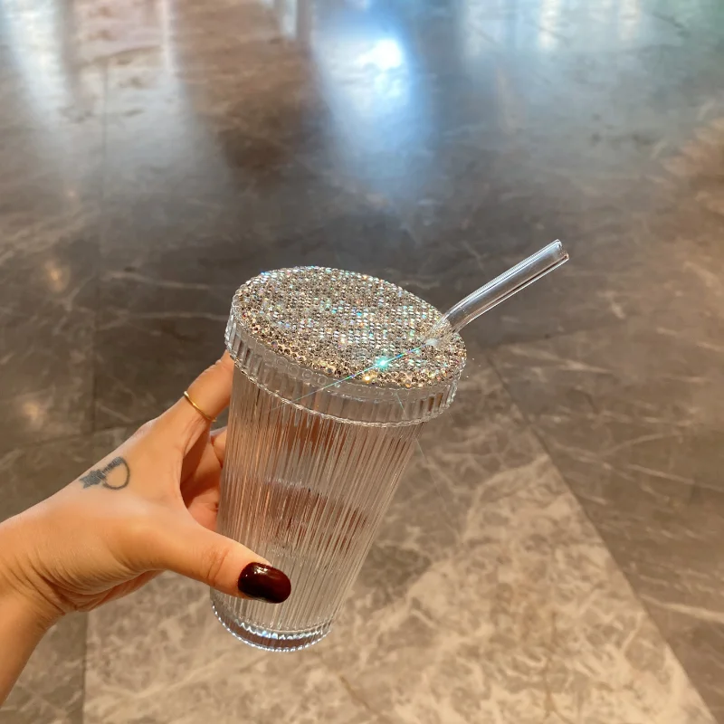 

350 мл Алмазная бутылка для воды с соломинкой, чашка в Вертикальную Полоску, многоразовая кофейная кружка, посуда для напитков, стакан, чашки оптом, блестящий подарок