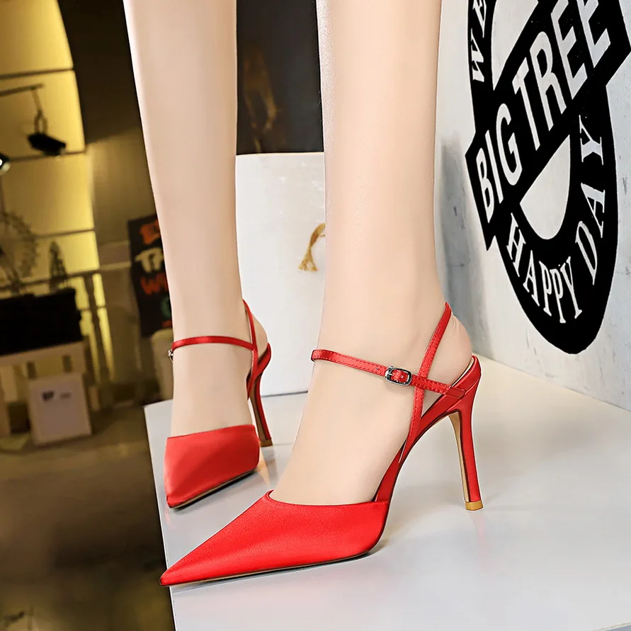 

BIGTREE Shoes Fashion High Heels Shoes Silk Ankle Strap Sandals Sexy Women Heels Green Red Stiletto Heels Woman Pumps