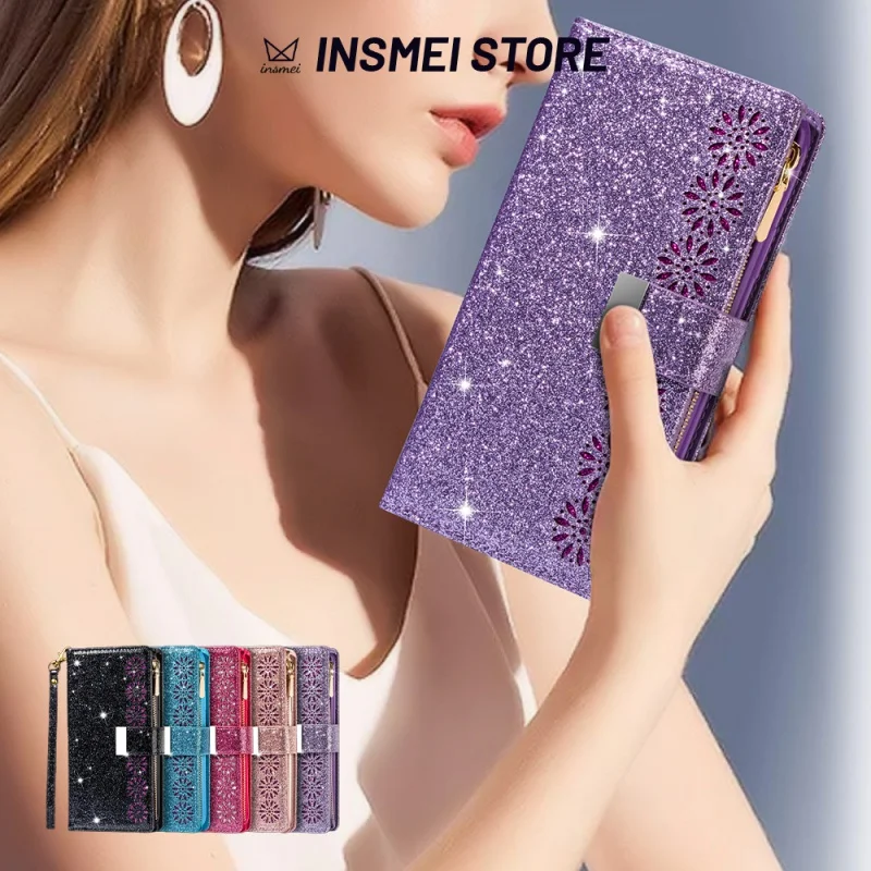 

Starry Sky Laser Carving Glitter Case for Samsung Galaxy Z Fold 5 4 3, Multi-card Slots Zipper Leather Holder Shockproof Cover
