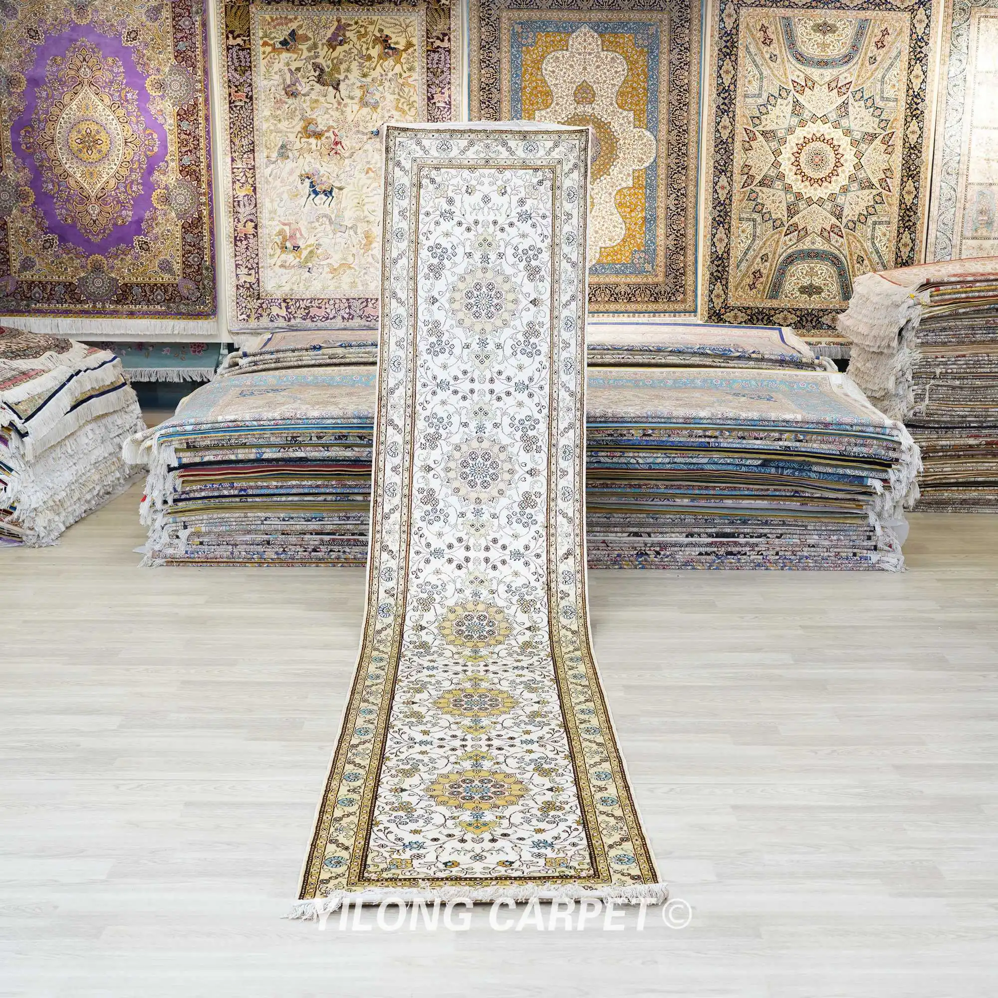 

2.5'x12' Handmade Silk Carpets Runners Hallway White Stair Rugs Sale (YHW320AB)