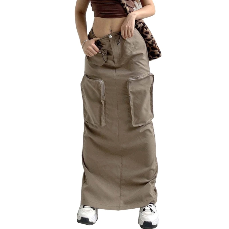 

F2TD Women Retro High Waist Maxi Straight Cargo Skirt 90s Vintage Harajuku Streetwear