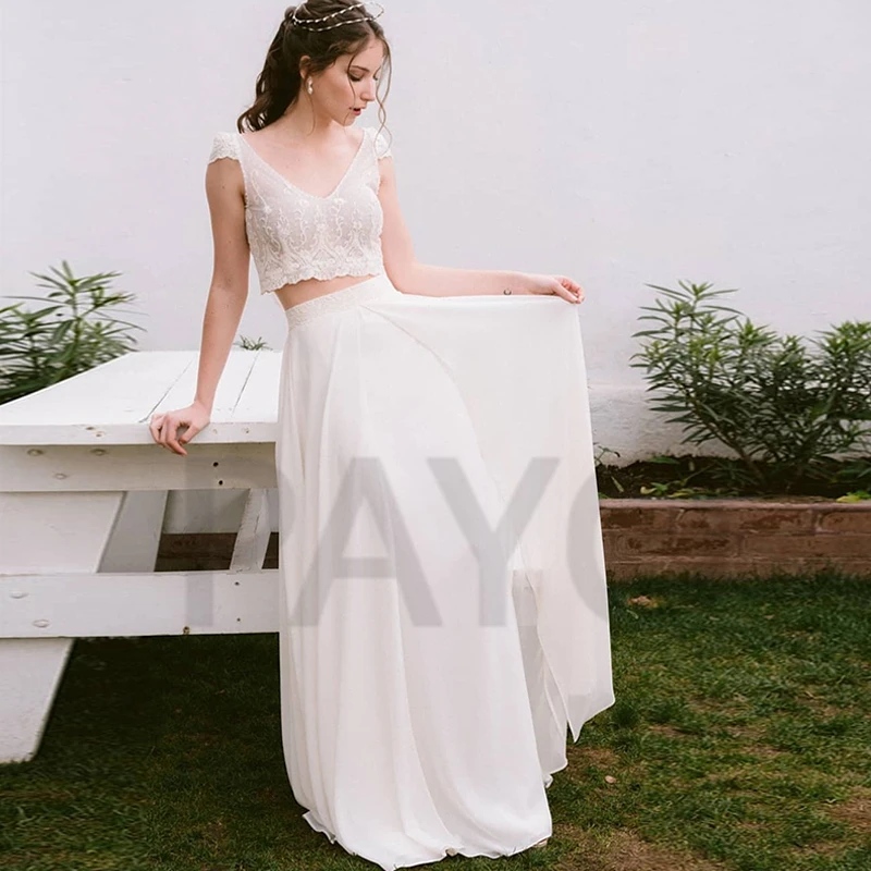 

Elegant Wedding Dress 2 Pieces Sexy V-Neck Chiffon Appliques Sleeveless Beading Sweetheart Beach Robe De Mariee For Women