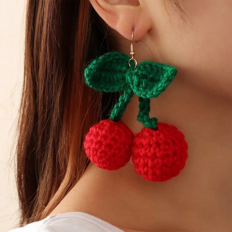 

Cute Woolen Red Cherry Earrings for Women Korean Fashion Handmade Knitting Strawberry Butterfly Hook Earring Jewelry Wholesale