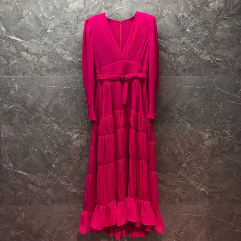 

2023 Spring Designer Fashion Rose Red Dress Women Long-sleeve Pleated Elegant Maxi XXL Dresses With Belt