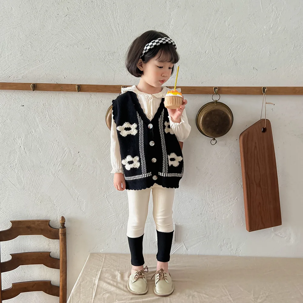 2022 Spring New Girls Knit Cardigan Vest Fashion Children Girls Flower Knitted Vest Jacket Kids Baby V-neck Sweater