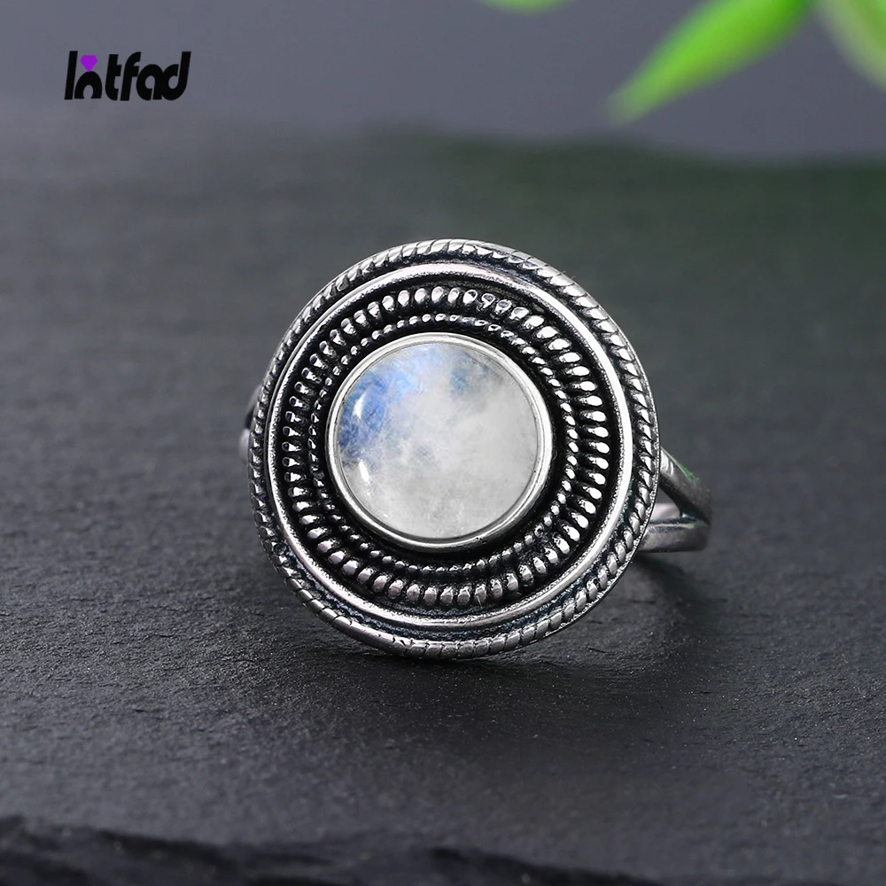 

8MM Round Natural Moonstones Rings Women's S925 Sterling Silver Ring Wholesale Vintage Style Fine Jewelri