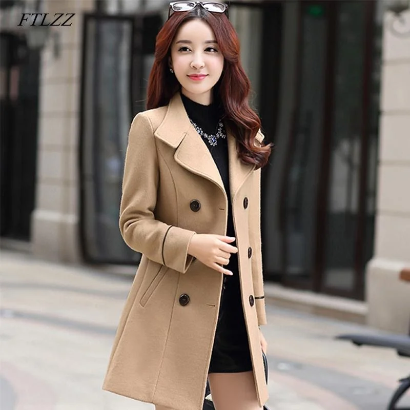 

Women's Wool & Blends FTLZZ Women Blend Warm Long Coat Autumn Winter Plus Size Female Slim Fit Lapel Woolen Overcoat Cashmere