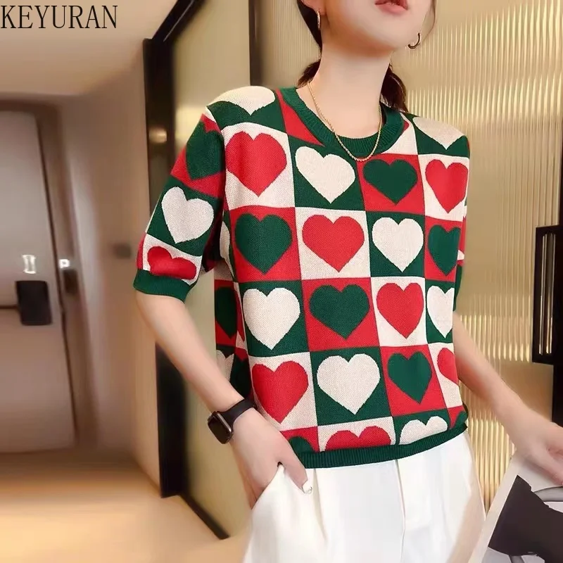 Short-sleeved Knitted T Shirts Women's Casual Tee Top 2022 Summer Contrast Color Checkerboard Love O-Neck Loose Ice Silk Sweater