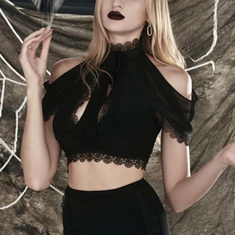 

Gothic Sexy Black Hollow Out T-Shirt Streetwear Mesh Patchwork Lace Up Cropped Tops Chic Aesthetic Women Fall Plain Tees