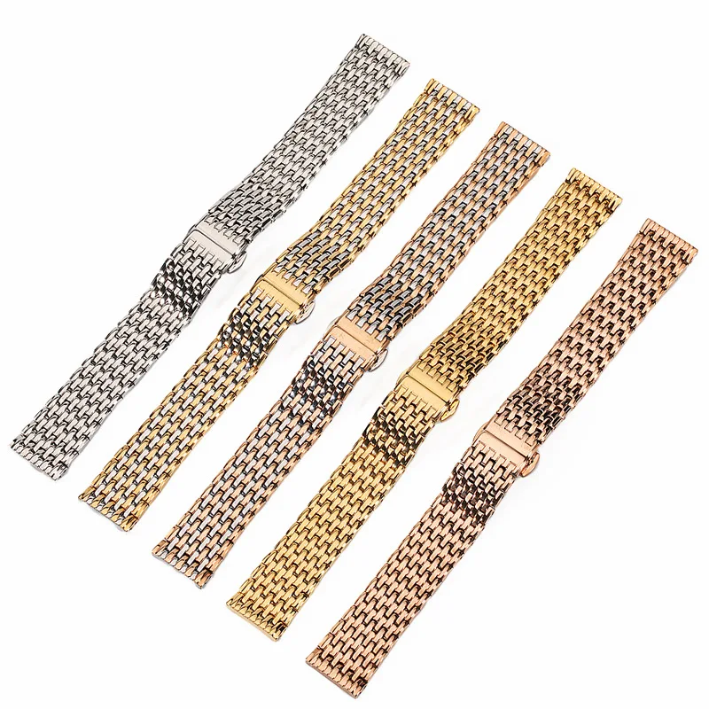 18MM 20MM 22MM Stainless Steel Universal All steel solid strap 316L steel nine bead Of Rice Silver Gold Watch Band Bracelet
