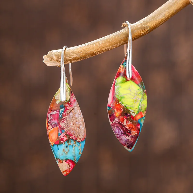

Retro Hot Selling New Geometric Water Drop Tree Leaf Shaped Colored Imperial Stone Pendant Earrings For Women Jewelry Gifts