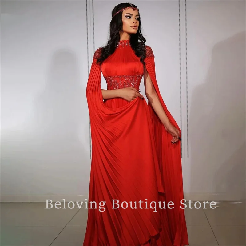 

Formal Red Glitter Formal Evening Dresses Sparkly A-Line High Neck Sleeveless Prom Dress Pleated Lace Dubai Wedding Party Gowns