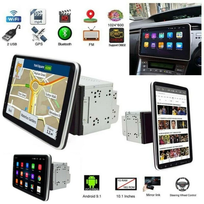 

10.1'' Android 9.1 Touch Screen Car Stereo Radio GPS Navigation Wifi MP5 Bluetooth Multimedia Player Double 2DIN Rotatable