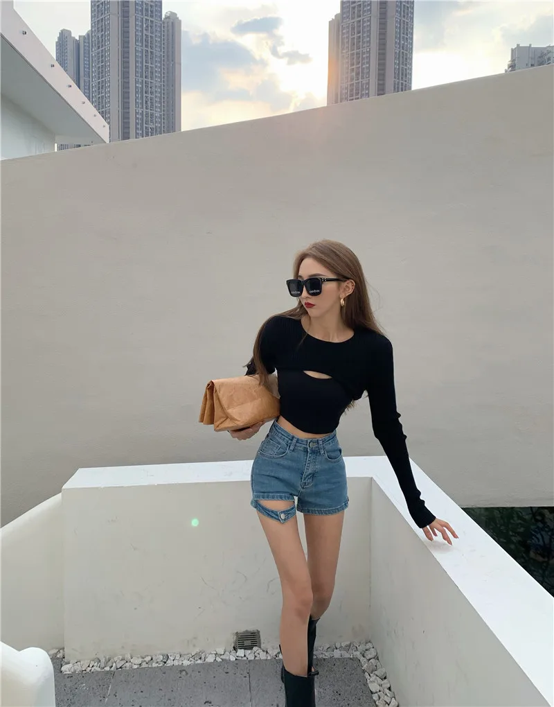 2021 Summer High Street High Waist Blue Denim Shorts Solid Short Jeans Indie Casual Streetwear Women's Sexy Elastic Black Shorts