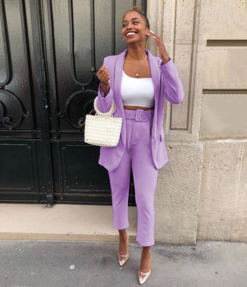 Classic Office Blazer Suit Two Piece Set 2021 Women Casual Commute Cropped Pants Suits Solid Color Mid Length Blazer with Pocket