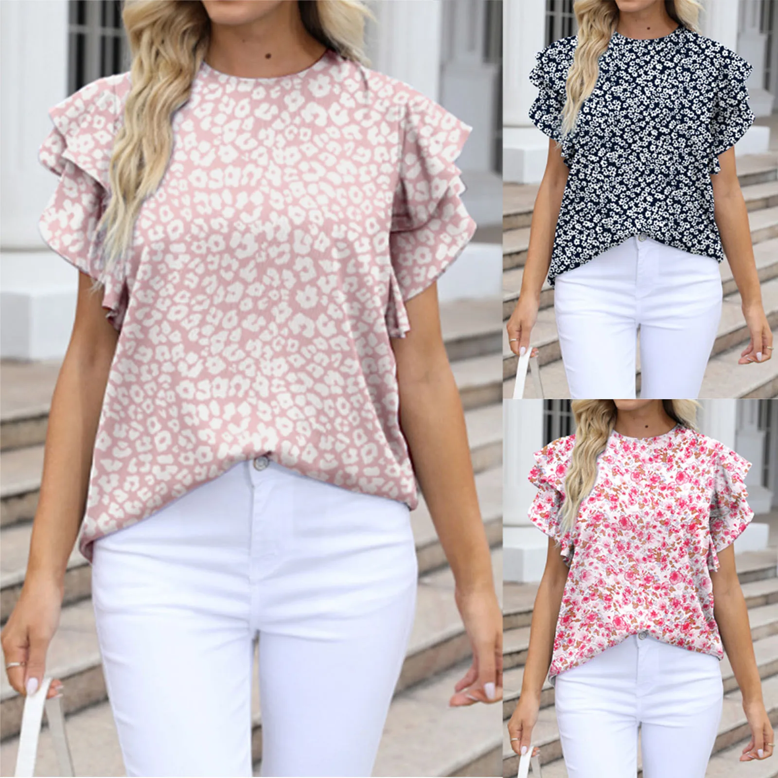 

Женский хлопковый топ с цветочным принтом, V-образным вырезом и рукавом-лепестком