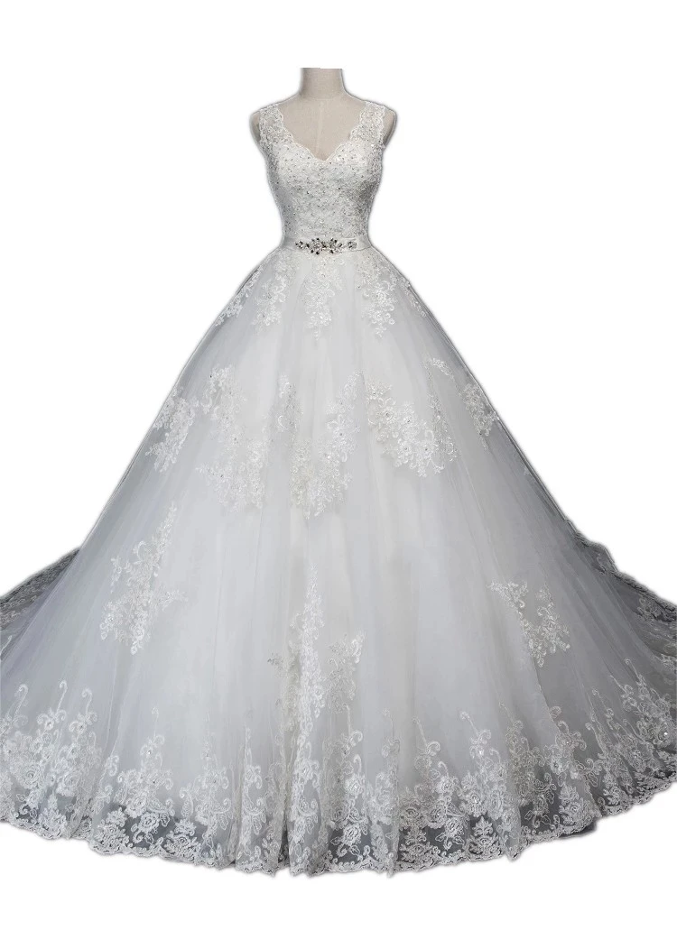 

ANGELSBRIDEP V-Neck Ball Gown Wedding Dress Luxury Applique Sash Court Train Robe De Mariee Formal Bride Dress Hot Sale