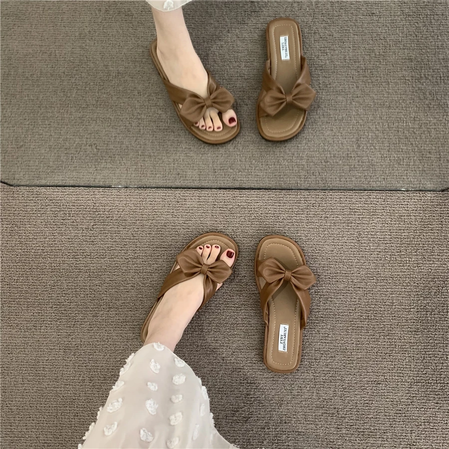 Mori Style Gentle Flat Sandals 2022 Summer New French Style Bow Flip Flops Sandals Women's Shoes for Outdoors
