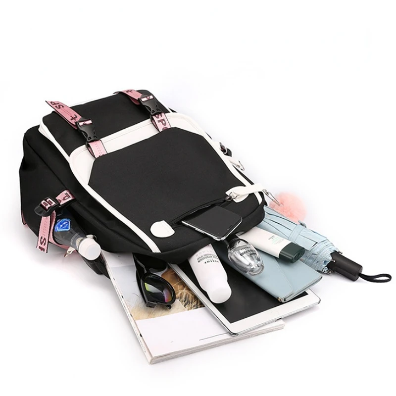 Pink Teen School Backpack Large School Bags for Teenage Girls USB Port Canvas Schoolbag Student Book Bag Fashion Black