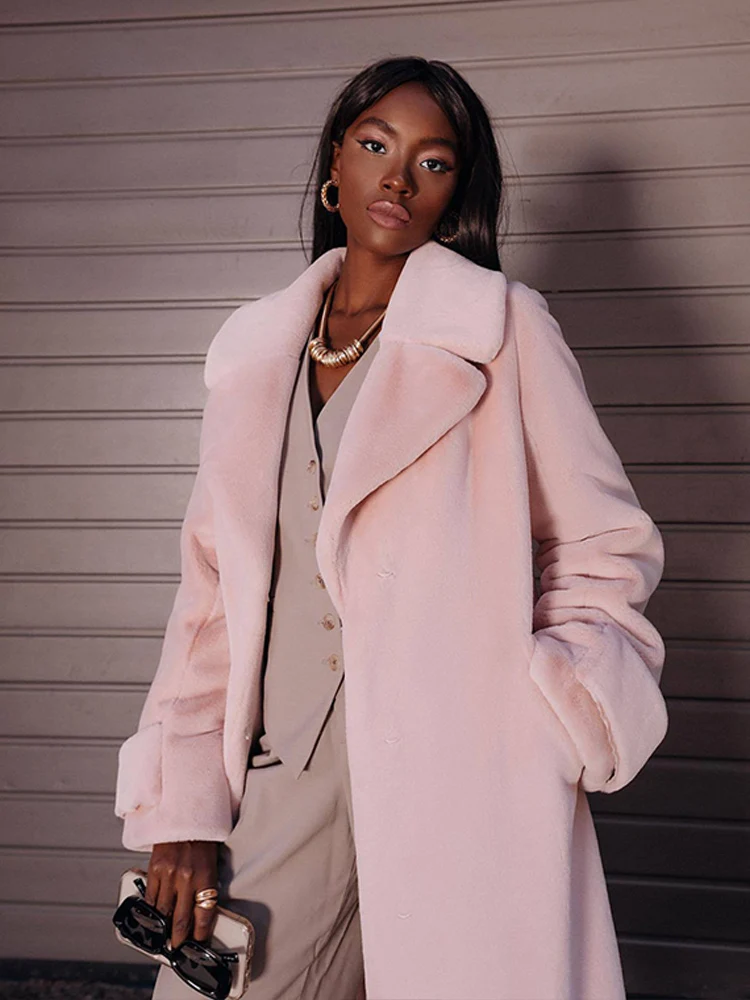 Women's Long Faux Rabbit Fur Coat Fluzzy Lace Up Turn Down Collar Outwear Long Sleeve Female Coats 2022 Winter Lady Elegant