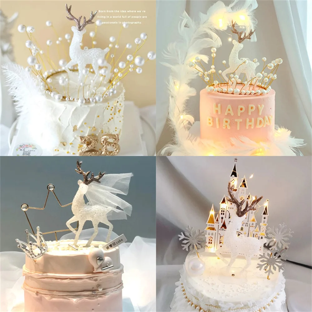 

Christmas Deer Cake Topper White Reindeer Standing Deer Dolls Plastic Cake Xmas New Year Cake Decoration Tools Party Supplies