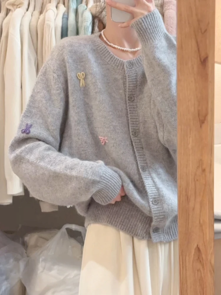 Idle Sle Soft Glutinous Gray Raccoon Velvet Cardigan sweater Outerwear Outer Wear Milk Fufu Loose Knitted Top Women Autumn ...