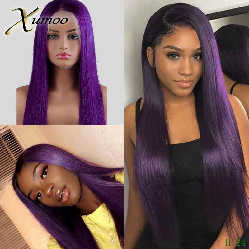 XUMOO Purple Ombre Colored 13×6 Lace Frontal Wigs For Women Pre-Plucked Transparent Lace Peruvian Long Straight Human Hair Wig