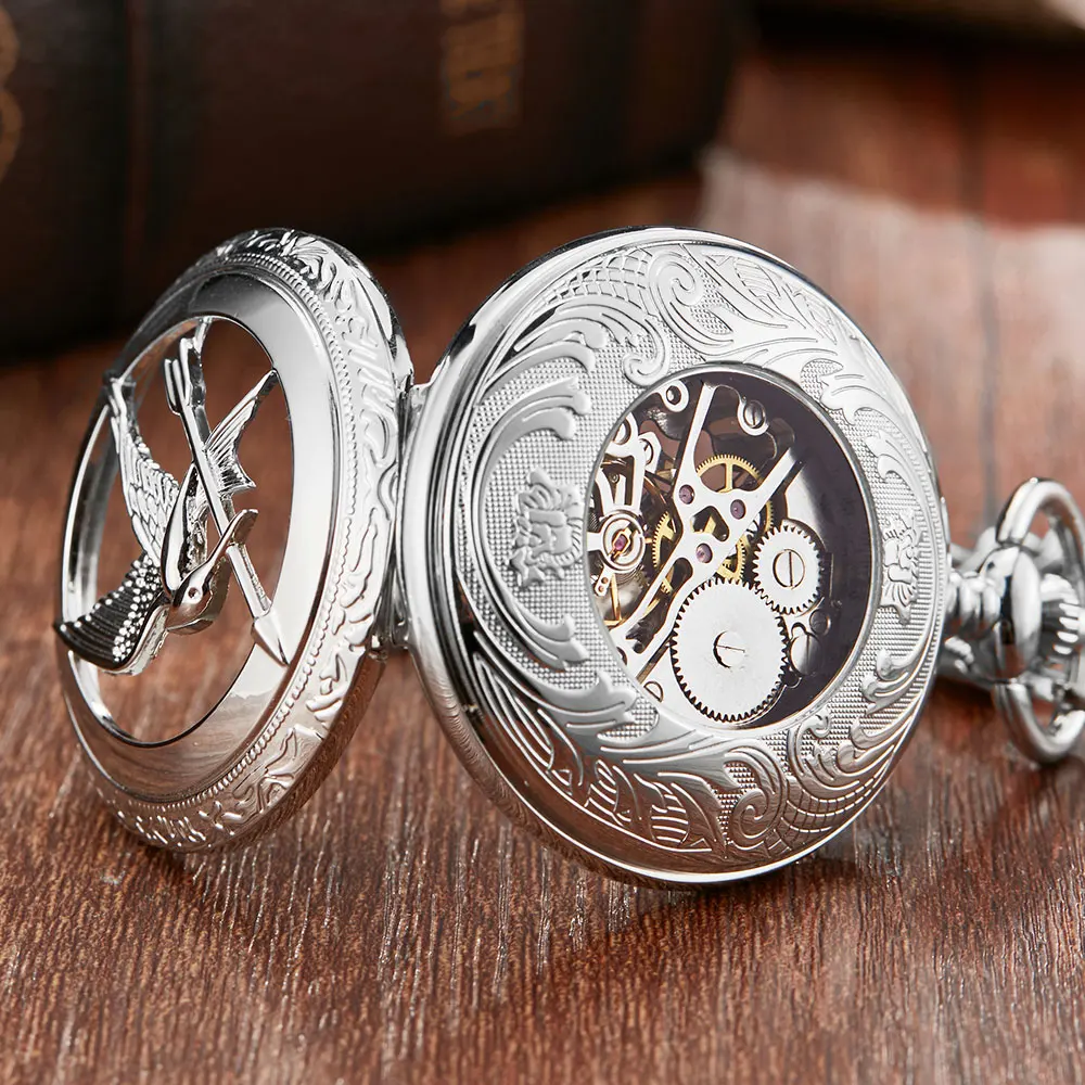 Silver Hollow Bird Flower Sculpture Mechanical Pocket Watch Retro Unique Skeleton Lucky Symbol Mechanical Pocket Watch Fob Chain