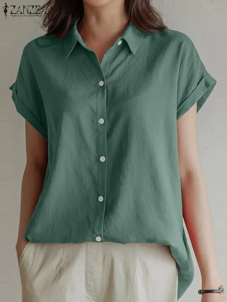 

Модные женские летние рубашки ZANZEA, элегантная однотонная офисная блузка, повседневные деловые рубашки с коротким рукавом и пуговицами, с во...