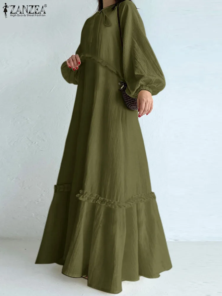 

ZANZEA Fashion Round Neck Maxi Dress Women Long Puff Sleeve Lace Up Fungus Stitching Long Robes 2023 Casual Loose Solid Dresses