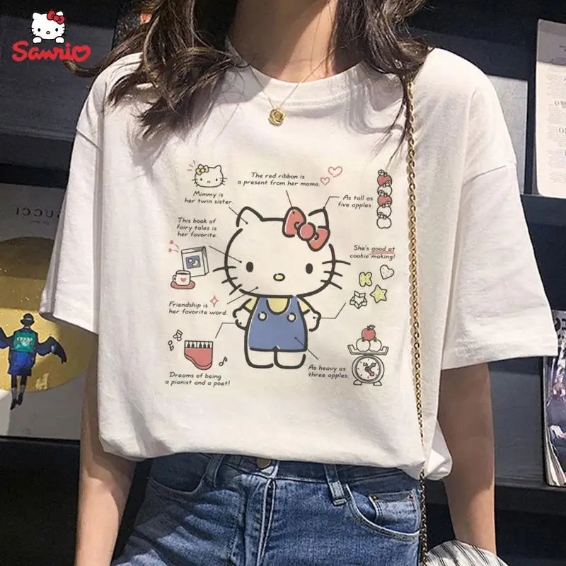 

Футболка с коротким рукавом Hello Kitty Melody Cinnamoroll, с принтом из мультфильма Sanrio, с коротким рукавом, топ для студентов, подарок для девушек