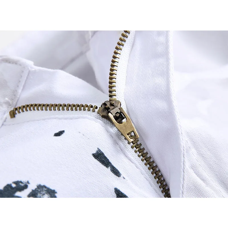 Men's White European And American Printed Jeans Trousers Plus Size Distressed Slim Fit Casual Straight Denim Pants Men