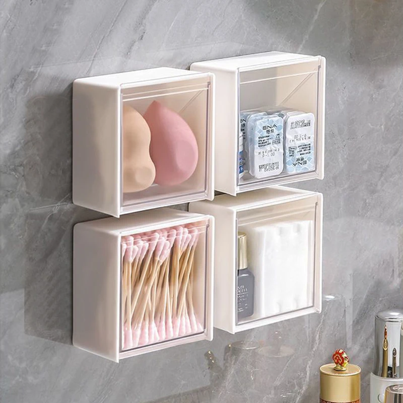 

Dust Proof Wall Mounted Storage Box Bathroom Makeup Removal Cotton Storage Box Cotton Swab Stick Powder Puff Jewelry Holder Box