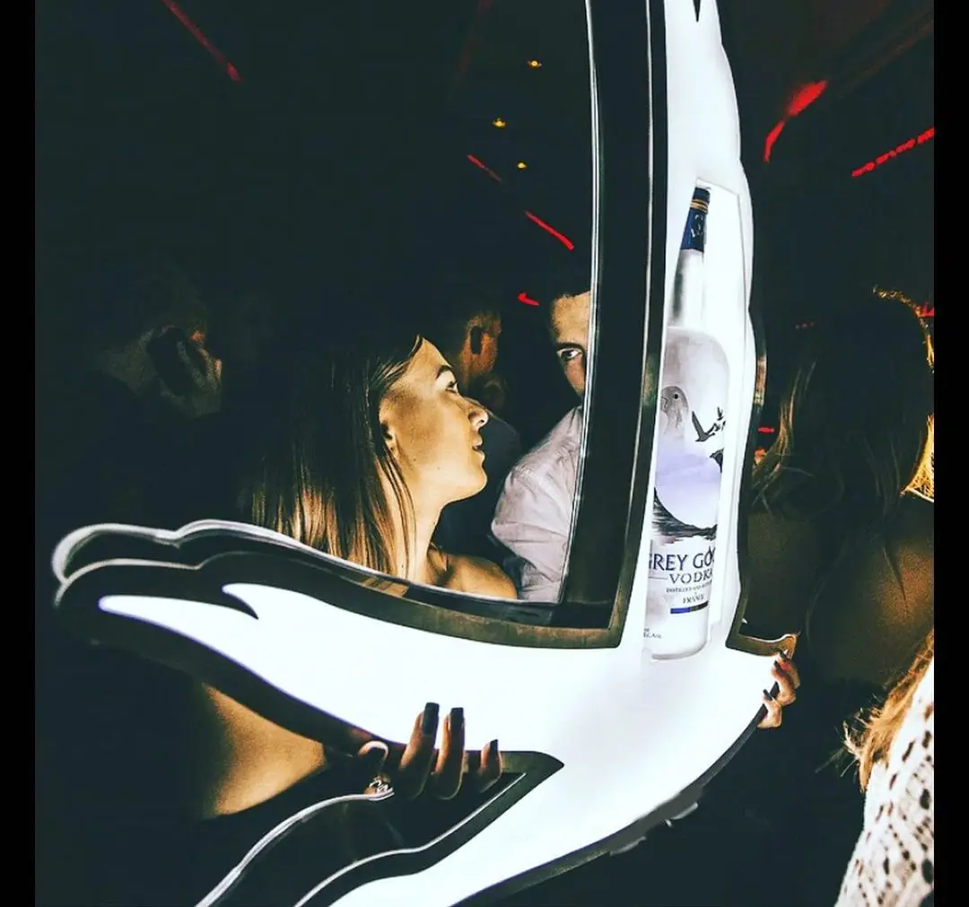 Серая гусиная бутылка со светодиодной подсветкой и логотипом для ночного клуба