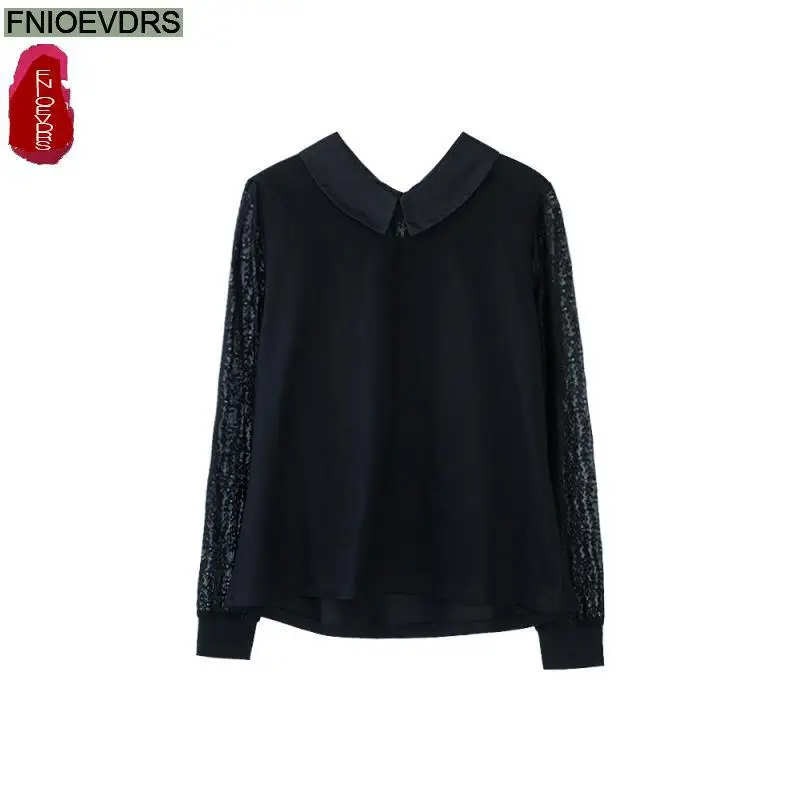 Женская винтажная блузка в стиле ретро Элегантная черная кружевная с воротником